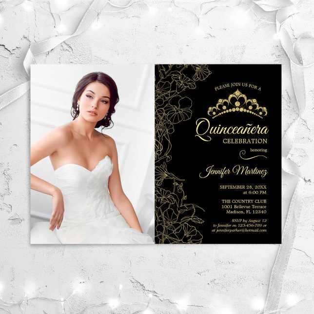 Quinceanera Party mit Foto - Schwarze goldene Flor Einladung (Von Creator hochgeladen)
