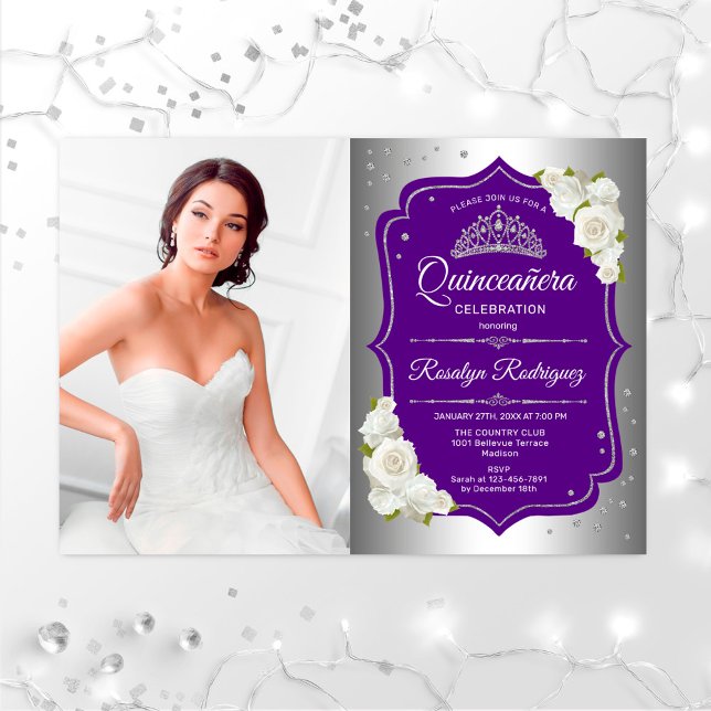 Quinceanera Party mit Foto - Silber Lila Einladung (Von Creator hochgeladen)