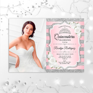 Quinceanera Party mit Foto - Silber rosa Einladung
