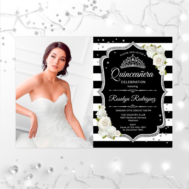 Quinceanera Party mit Foto - Silber Schwarz-weiß Einladung (Von Creator hochgeladen)
