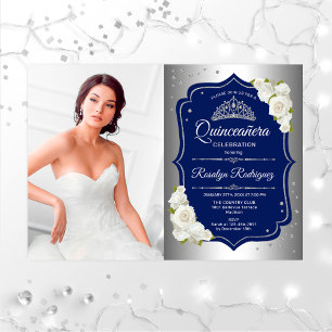 Quinceanera Party mit Foto - Silberne Marine Einladung