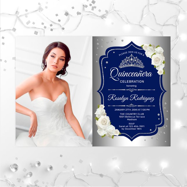 Quinceanera Party mit Foto - Silberne Marine Einladung (Von Creator hochgeladen)