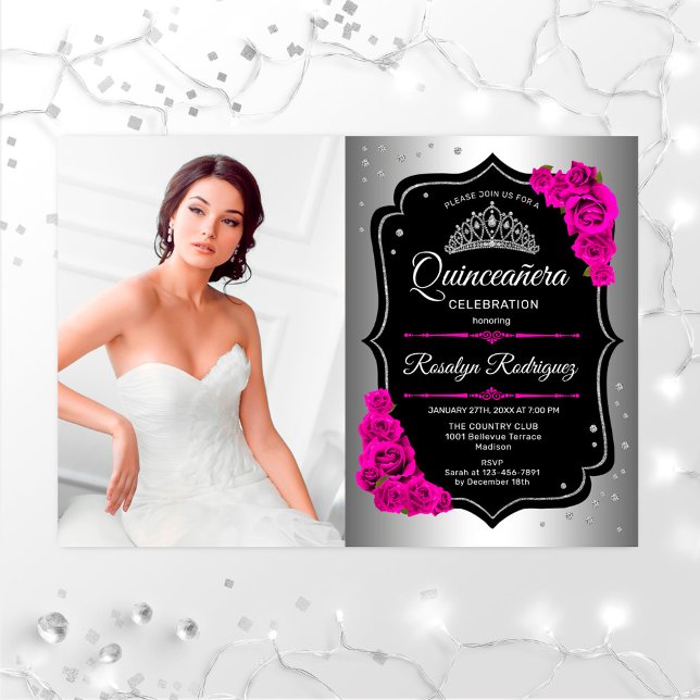 Quinceanera Party mit Foto - Silberschwarz Einladung (Von Creator hochgeladen)