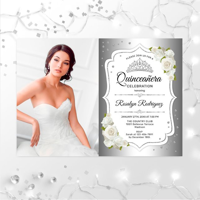 Quinceanera Party mit Foto - silberweiß Einladung (Von Creator hochgeladen)