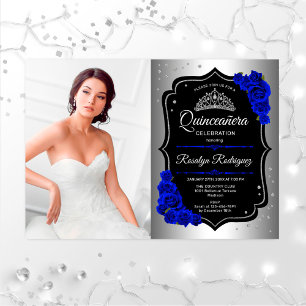 Quinceanera Party mit Foto - Silver Royal Blue Einladung