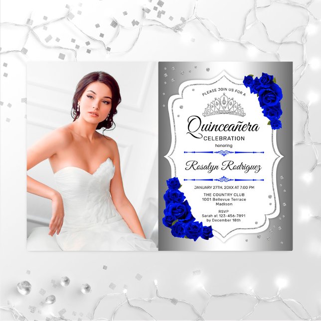 Quinceanera Party mit Foto - Silver Royal Blue Einladung (Von Creator hochgeladen)