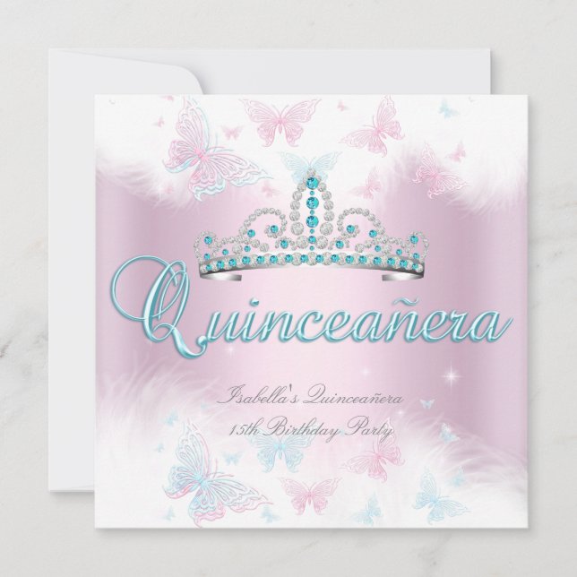 Quinceanera Party Pink Aquamarin Tiara Butterfly 2 Einladung (Vorderseite)