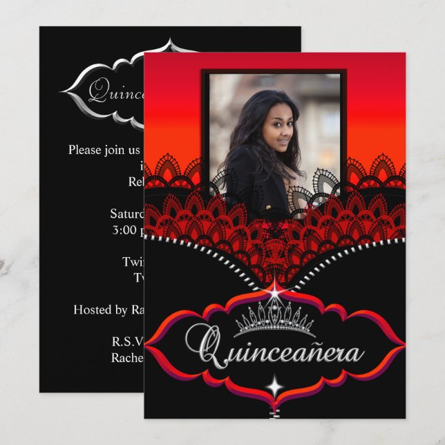 Quinceanera Party Red Black Lace Girl Foto Einladung (Vorne/Hinten)