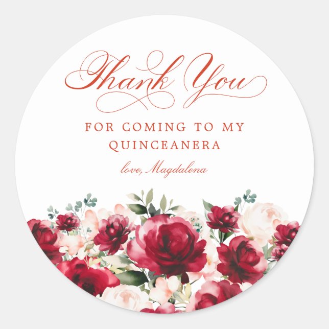 Quinceanera Party Red Pink Floral Vielen Dank Runder Aufkleber (Vorderseite)