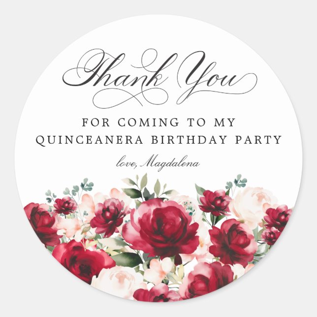 Quinceanera Party Red Pink Floral Vielen Dank Runder Aufkleber (Vorderseite)
