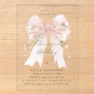 Quinceanera-Party Rosafarbene Coquette-Schleife Ro Acryleinladungen
