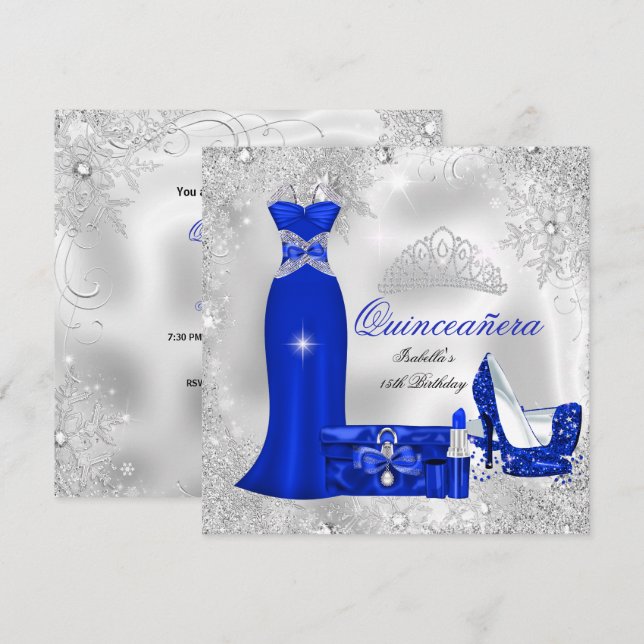 Quinceanera Party Royal Blue Silver Snowflakes Einladung (Vorne/Hinten)