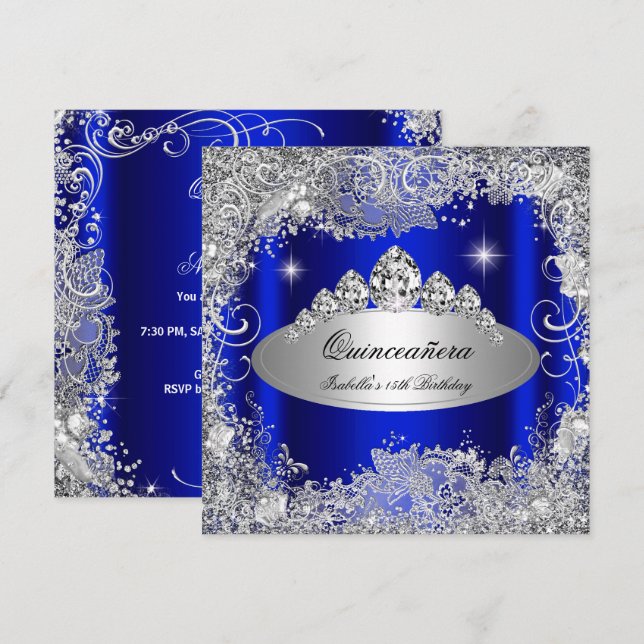Quinceanera Party Royal Blue Silver Tiara Einladung (Vorne/Hinten)