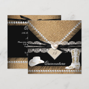 Quinceanera Party Rustic Burlap Cowgirl Hat Boots Einladung