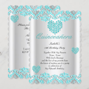 Quinceanera-Party Schönes Teal Blau Herzen Spitze Einladung