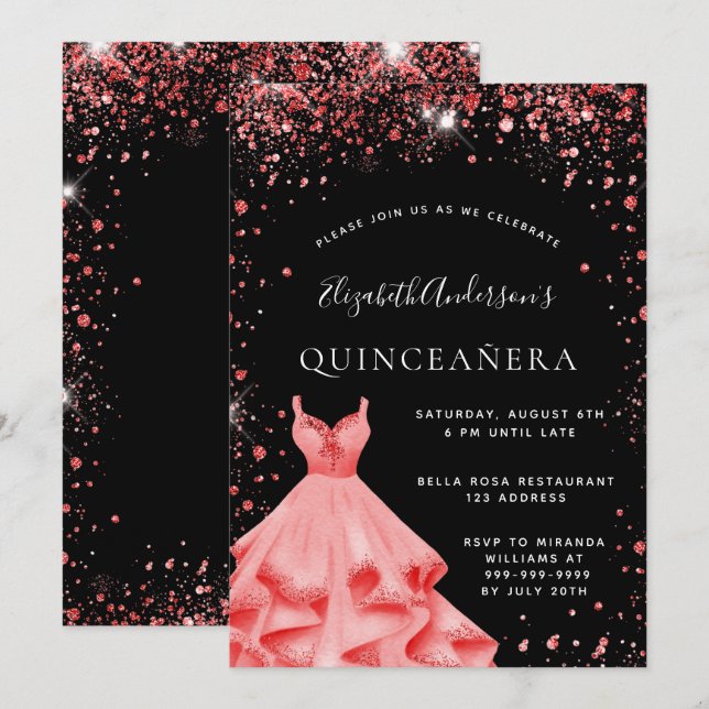 Quinceanera Party Schwarz Rot Glitzer Kleid Einladung (Vorne/Hinten)