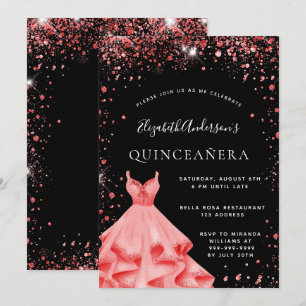 Quinceanera Party Schwarz Rot Glitzer Kleid Einladung
