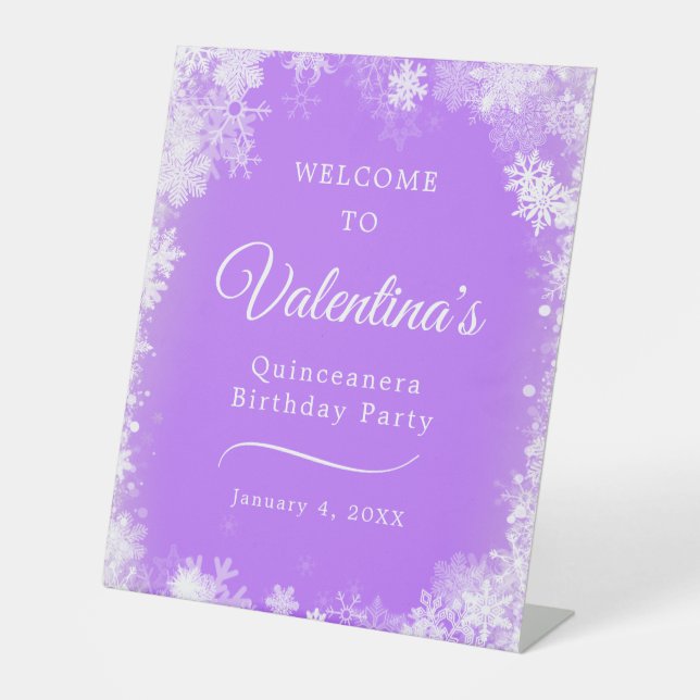 Quinceanera Party Snowflake Lila Empfang Sockelschild (Vorderseite)