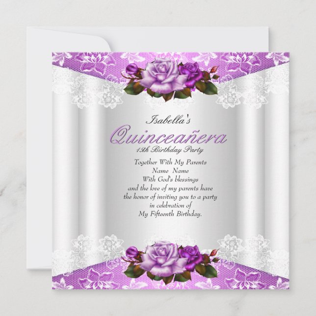 Quinceanera Party Weiß Lila Rosa Rosen Spitze Einladung (Vorderseite)