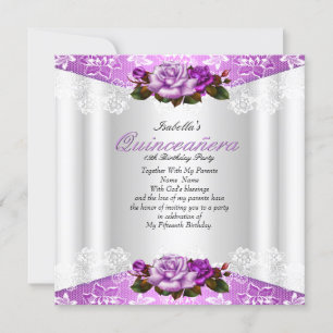 Quinceanera Party Weiß Lila Rosa Rosen Spitze Einladung