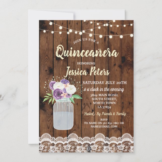 Quinceanera Party Wood Lace Floral Jar Einladung 1 (Vorderseite)