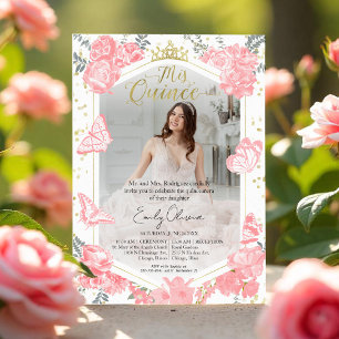 Quinceanera Photo Invitation Pink Floral Gold Foil