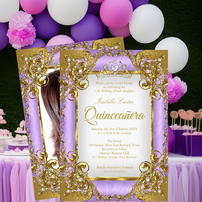Quinceanera Photo Purple White Golden Pearl Tiara Einladung (Von Creator hochgeladen)