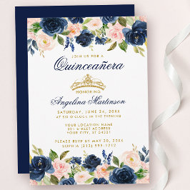 Quinceanera Pink Blue Floral Crown Gold Einladung
