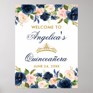 Quinceanera Pink Blue Floral Crown Gold Poster