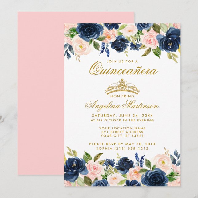 Quinceanera Pink Blue Floral Gold Crown Einladung (Vorne/Hinten)