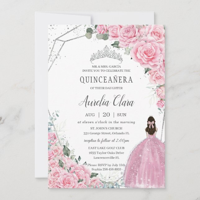 Quinceañera Pink BlumenPrinzessin Silver Birthday Einladung (Vorderseite)