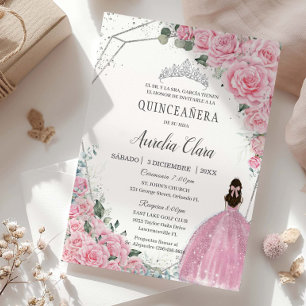 Quinceañera Pink BlumenPrinzessin Silver Birthday Einladung