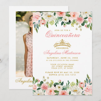 Quinceanera Pink Blush Bloral Gold Crown Foto Einladung