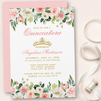 Quinceanera Pink Blush Floral Gold Crown Einladung