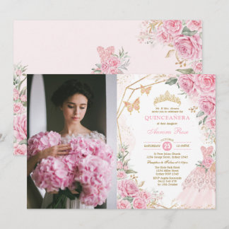 Quinceañera Pink Blush Rose Prinzessin Mis Quince Einladung