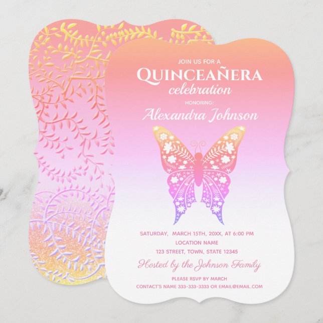 Quinceanera Pink Butterfly 15. Geburtstag Einladung (Vorne/Hinten)