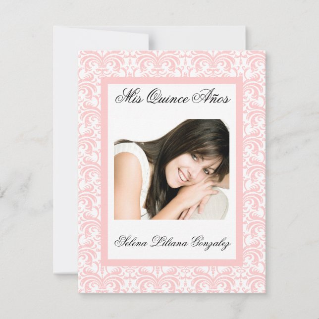 Quinceanera Pink Damask Soft Pink und Weiß Einladung (Vorderseite)