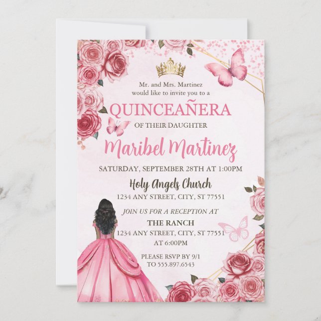 Quinceanera Pink Dress Floral Butterfly Einladung (Vorderseite)