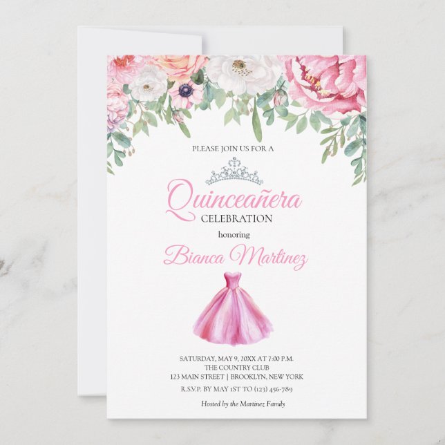 Quinceanera Pink Dress Mis Quince Einladung (Vorderseite)