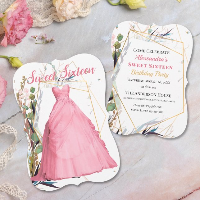 Quinceanera Pink Dress Wilde Kräuter Einladung (Von Creator hochgeladen)
