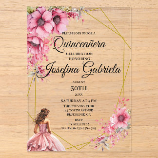 Quinceanera pink floral acryleinladungen