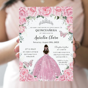 Quinceañera Pink Floral Butterfliegen Silver Tiara Einladung