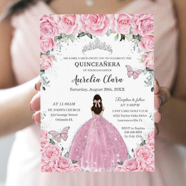 Quinceañera Pink Floral Butterfliegen Silver Tiara Einladung (Von Creator hochgeladen)