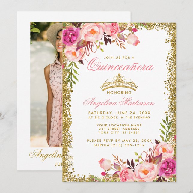 Quinceanera Pink Floral Foto Gold Glitzer Crown Einladung (Vorne/Hinten)
