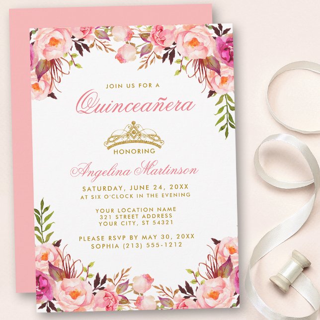 Quinceanera Pink Floral Gold Crown Einladung (Customize to change text color, style, add text & photos to back or change color of back of card.)