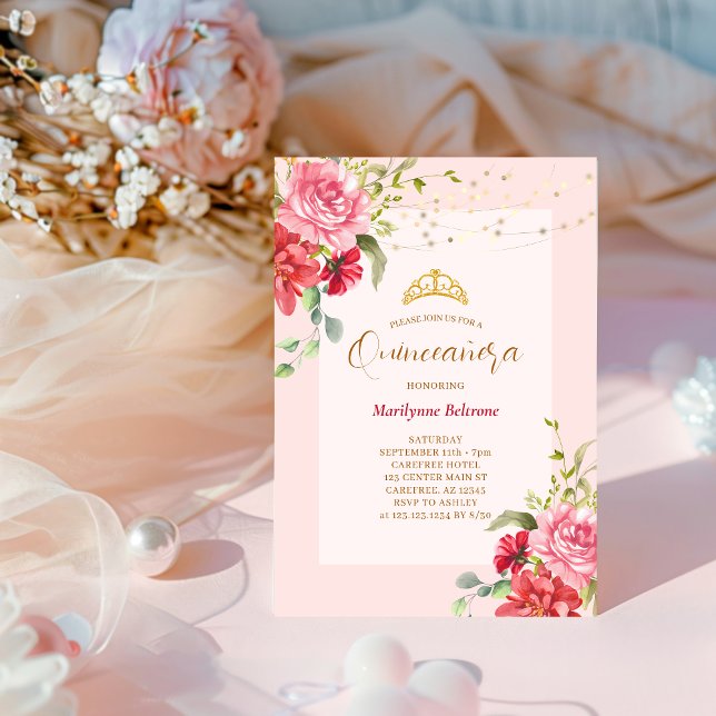 Quinceañera Pink Floral Gold Einladung (Von Creator hochgeladen)