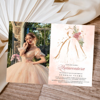 Quinceañera Pink Floral Gold Kleid 15. Geburtstag Einladung