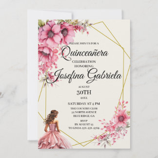 Quinceañera pink floral Invitation Einladung