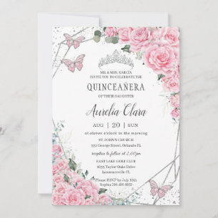 Quinceañera Pink Floral Prinzessin Silver Butterfl Einladung
