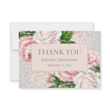 Quinceañera Pink Floral Silver Glitzer Vielen Dank
